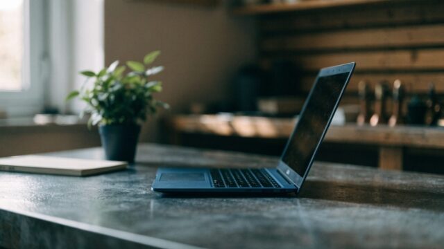 A dark blue laptop open on a workbench with a small plant and notebook beside it