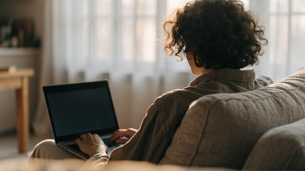 A person seen from behind using a graphite black laptop on a sofa