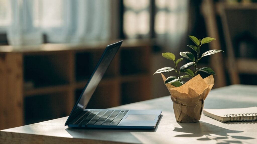 A dark blue laptop open on a workbench with a small plant and notebook beside it