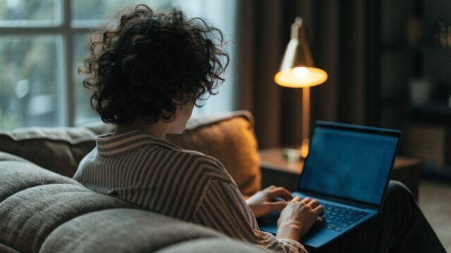 A person seen from behind using a dark blue laptop on a sofa