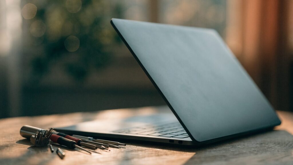 A precision screwdriver kit laid out beside a partially opened matte grey laptop on a wooden desk