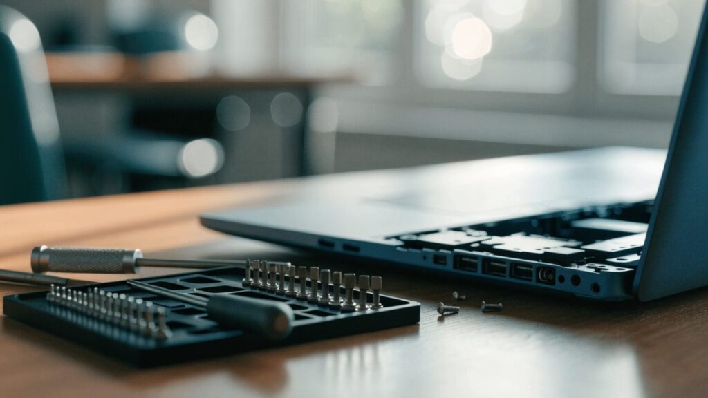 A precision screwdriver kit laid out beside a partially opened dark blue laptop on an office desk