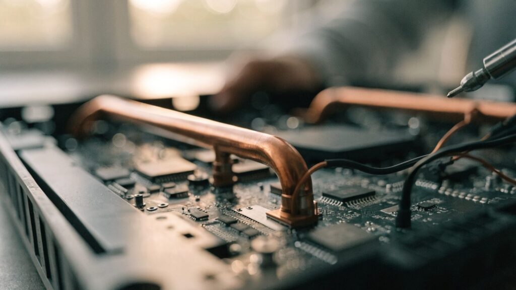 Close-up of a laptop motherboard with copper heat pipes during a repair