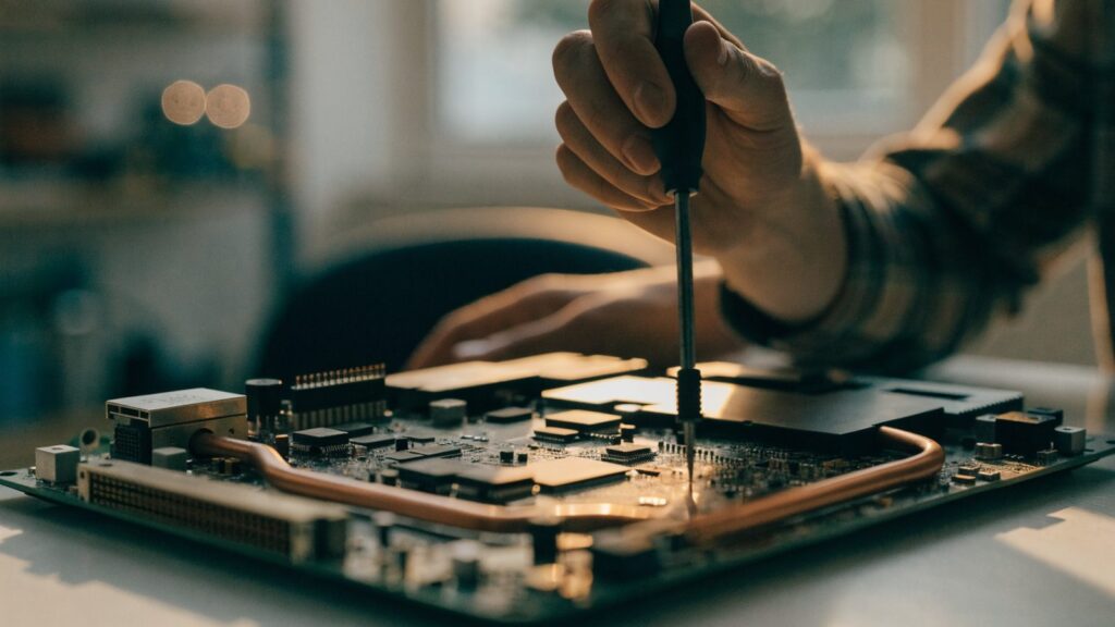 Close-up of a laptop motherboard with copper heat pipes during a repair