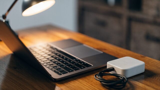 A matte grey laptop on a wooden desk next to a compact white power adapter with its cable neatly coiled