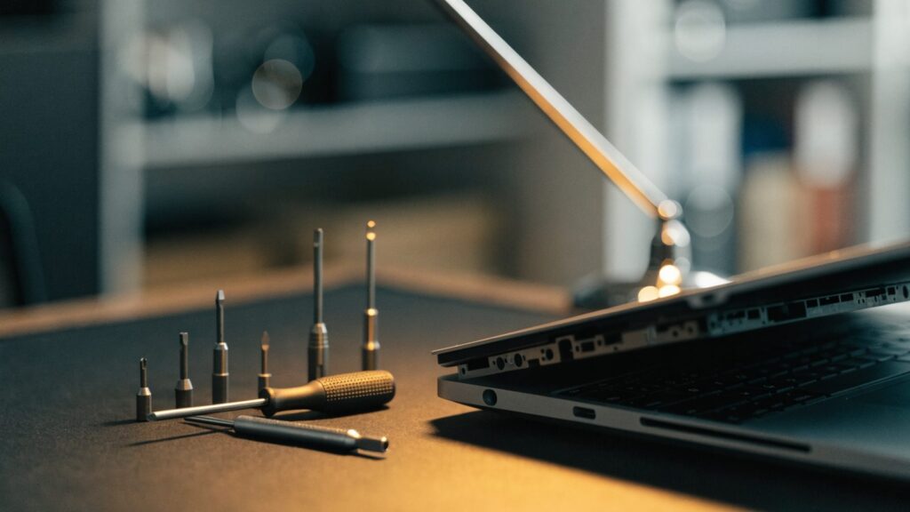 A precision screwdriver kit laid out beside a partially opened silver laptop on a dark desk mat