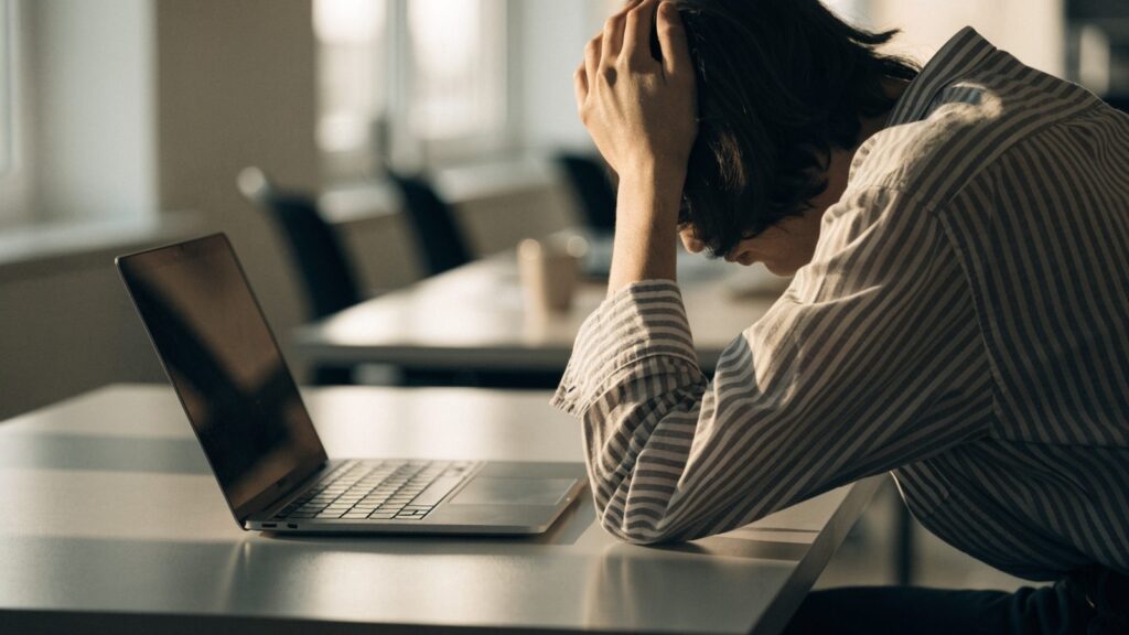A person resting their forehead on one hand in front of a graphite black laptop on an office desk