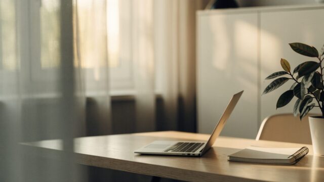 A tidy home office desk with a silver laptop