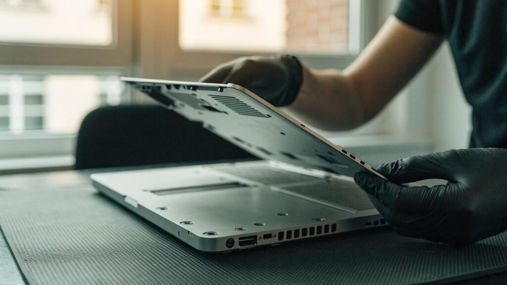 A technician lifting the bottom cover off a silver laptop on an anti-static mat