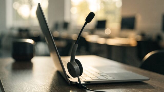 A USB headset with microphone plugged into a matte grey laptop on an office desk