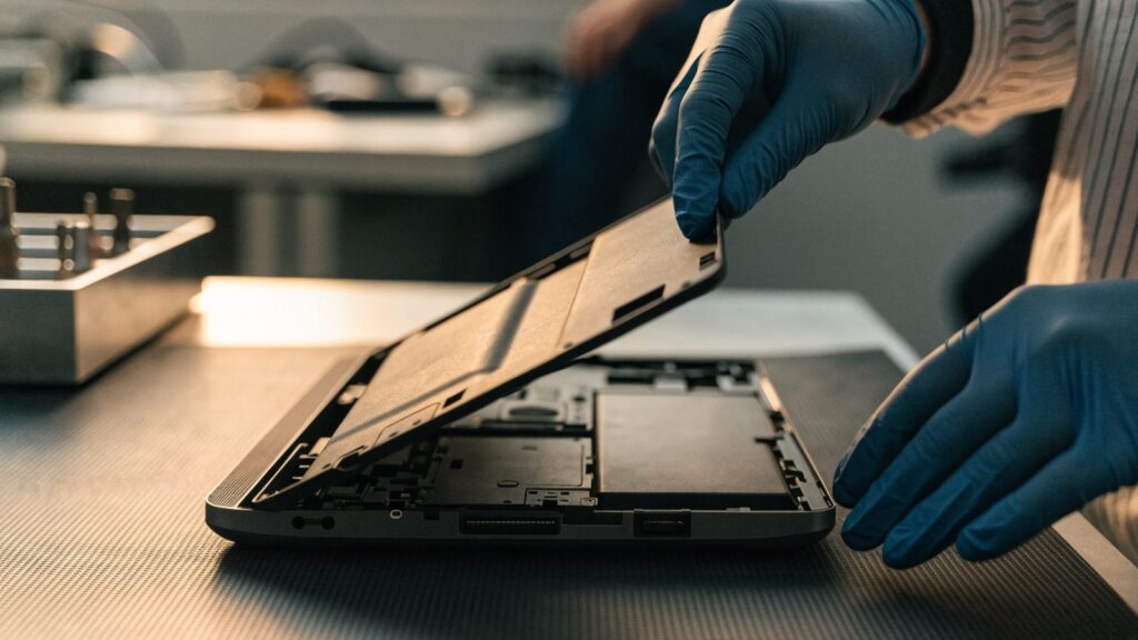 A technician lifting the bottom cover off a graphite black laptop on an anti-static mat