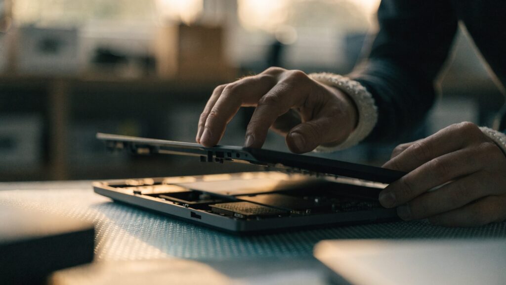 A technician lifting the bottom cover off a graphite black laptop on an anti-static mat