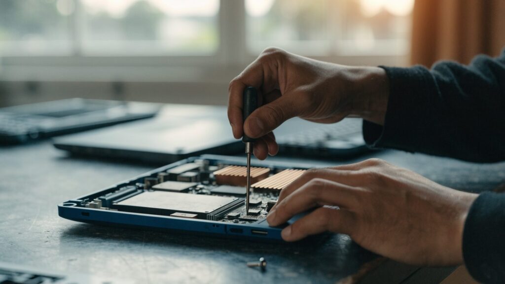 A technician's hands holding a small screwdriver over an opened dark blue laptop with internal components visi