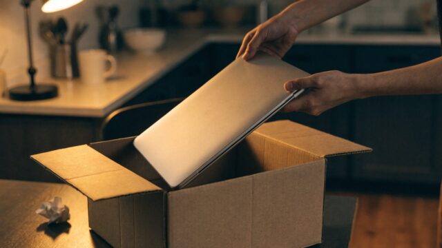 Hands lifting a brand-new silver laptop out of its plain cardboard box on a kitchen table