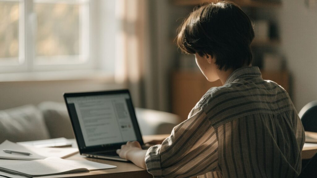 A teenager seen from behind doing homework on a graphite black laptop at a desk