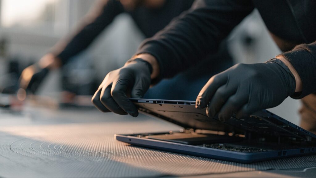 A technician lifting the bottom cover off a dark blue laptop on an anti-static mat