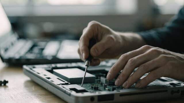 A technician's hands holding a small screwdriver over an opened matte grey laptop with internal components vis