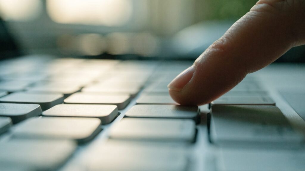 Close-up of a single key being pressed on a matte grey laptop keyboard