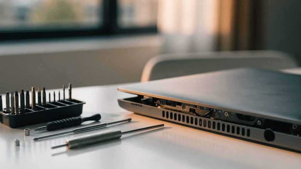 A precision screwdriver kit laid out beside a partially opened graphite black laptop on a white desk