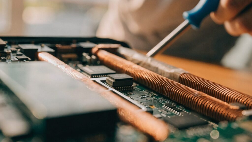 Close-up of a laptop motherboard with copper heat pipes during a repair