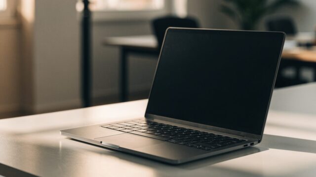A graphite black laptop on an office desk with a completely dark blank screen