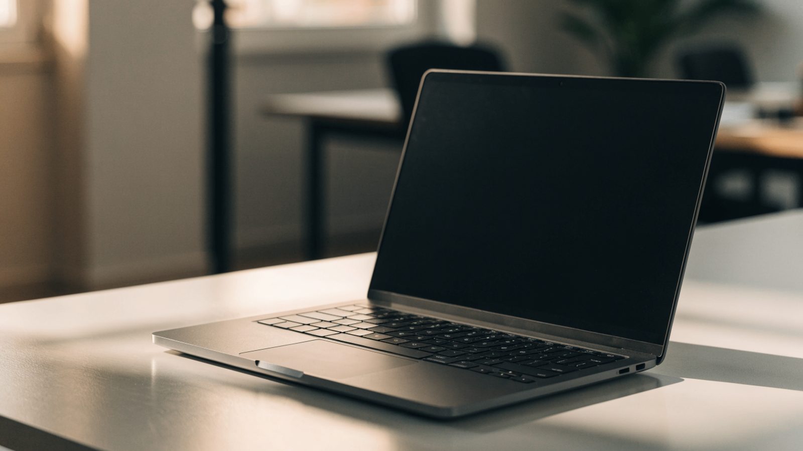 A graphite black laptop on an office desk with a completely dark blank screen