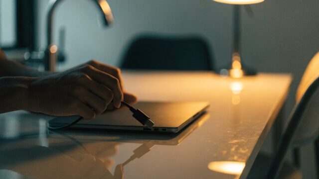 Hands unplugging a charging cable from a slim graphite black laptop on a kitchen table