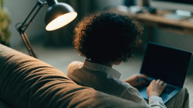 A person seen from behind using a dark blue laptop on a sofa