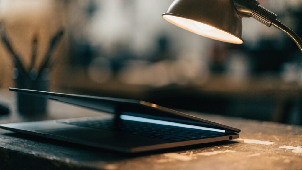 A half-closed graphite black laptop on a workbench