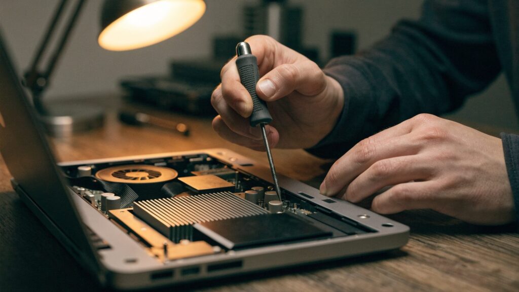 A technician's hands holding a small screwdriver over an opened matte grey laptop with internal components vis