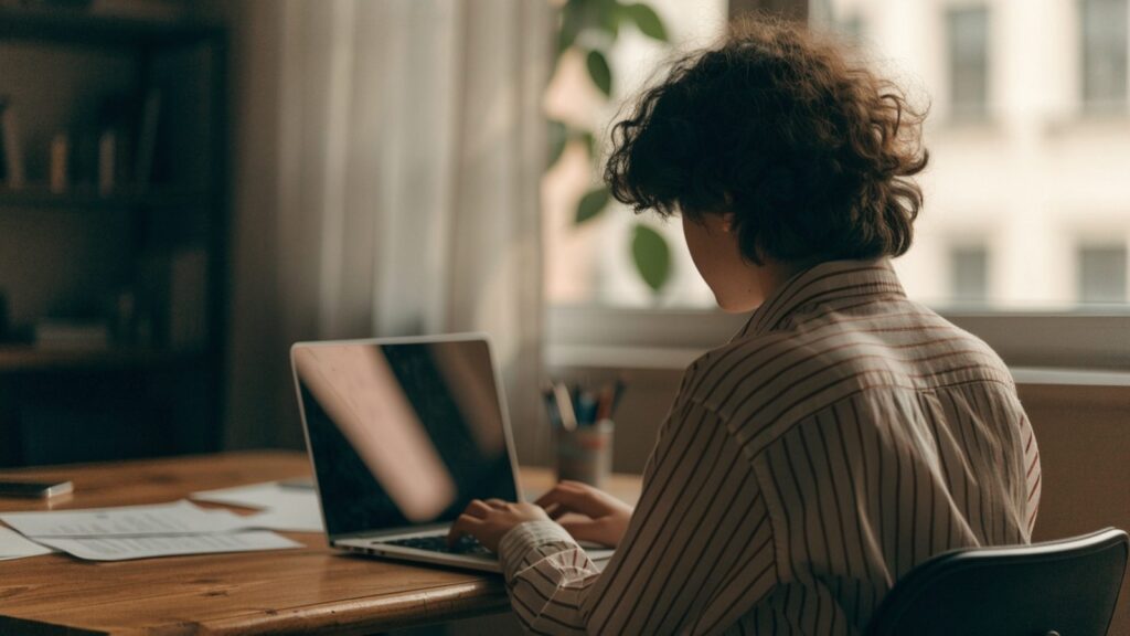 A teenager seen from behind doing homework on a silver laptop at a desk