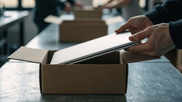 Hands lifting a brand-new silver laptop out of its plain cardboard box on a workbench