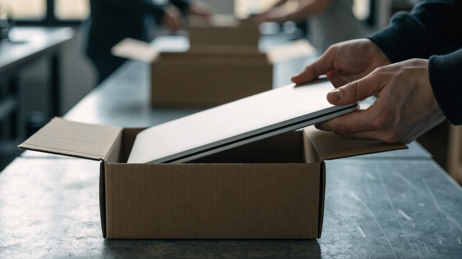 Hands lifting a brand-new silver laptop out of its plain cardboard box on a workbench