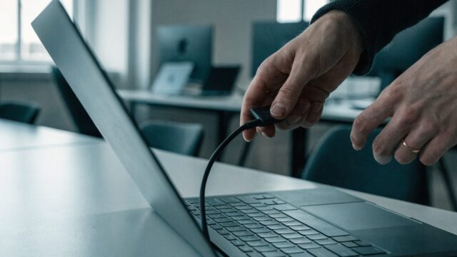 Hands unplugging a charging cable from a slim graphite black laptop on an office desk