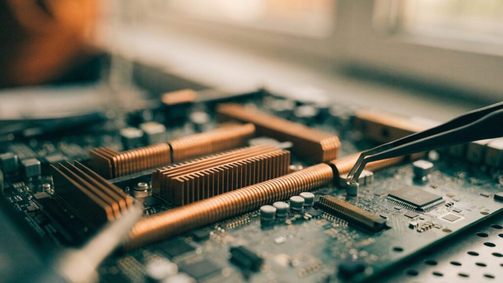 Close-up of a laptop motherboard with copper heat pipes during a repair