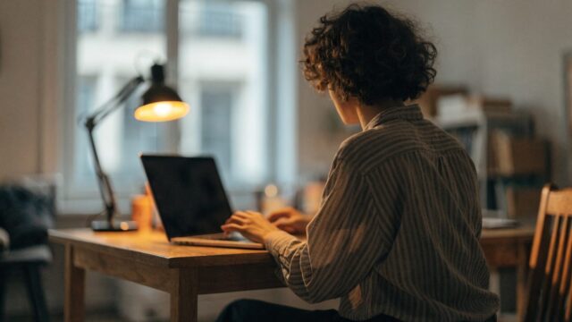 A person seen from behind working on a silver laptop in a bright home office