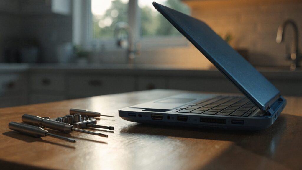 A precision screwdriver kit laid out beside a partially opened dark blue laptop on a kitchen table