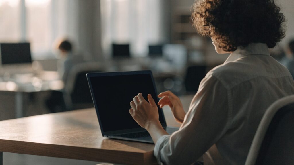 A person seen from behind with hands raised at a dark blue laptop with a dark blank screen on an office desk