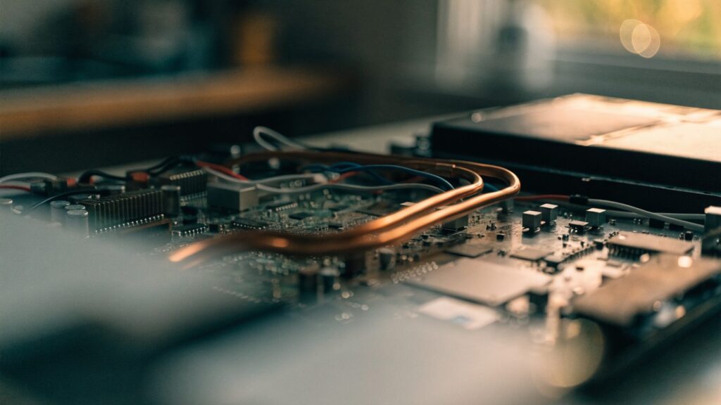 Close-up of a laptop motherboard with copper heat pipes during a repair
