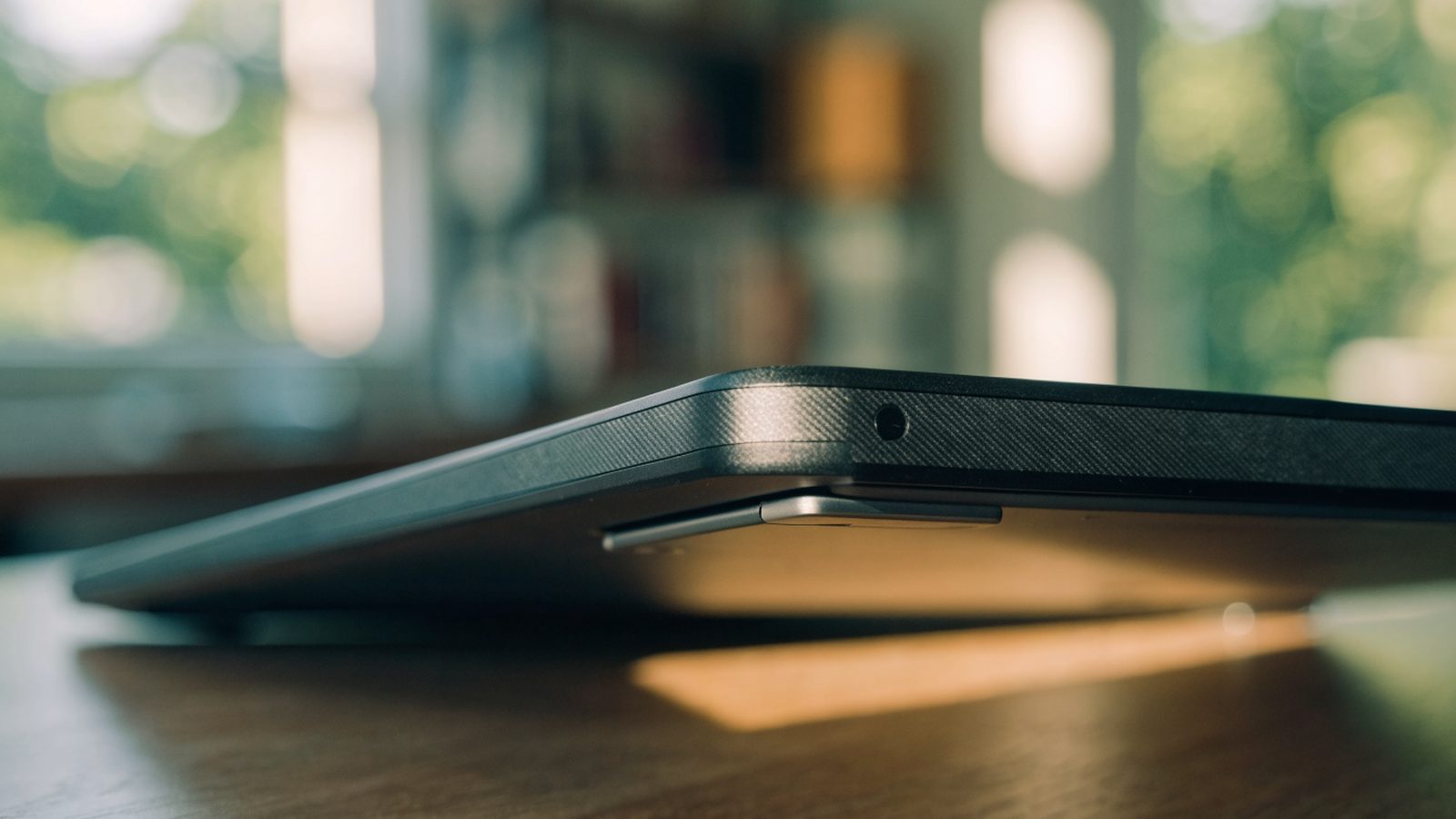 Close-up of the hinge and screen edge of a graphite black laptop on a wooden desk