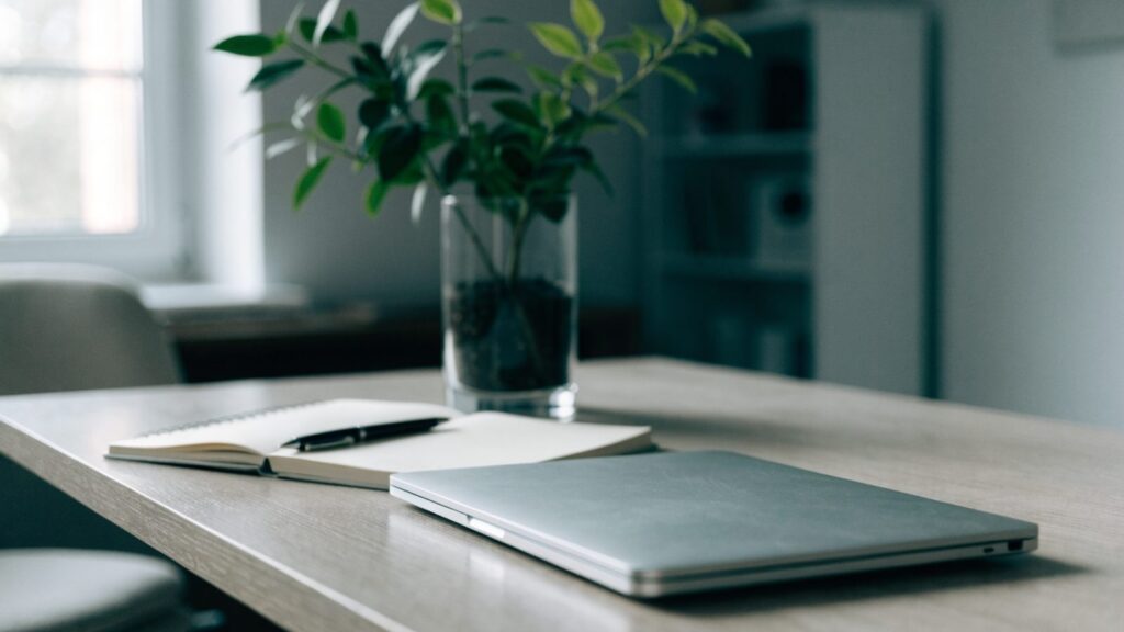 A tidy home office desk with a silver laptop