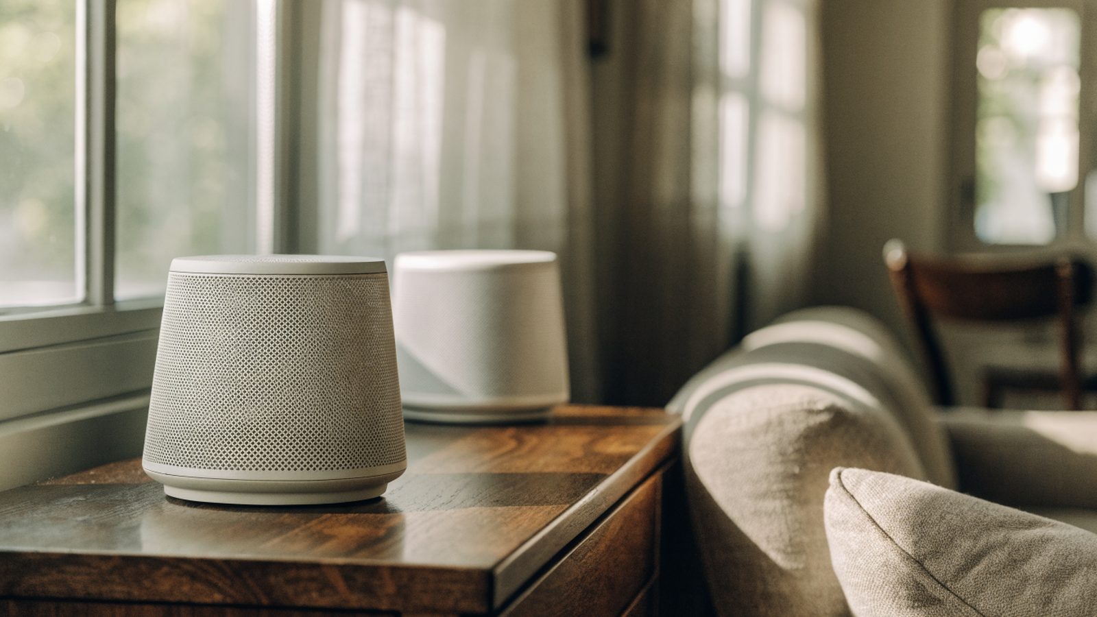 Two mesh wifi units on a sideboard in a cozy living room