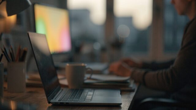 A developer's desk at night with a dark blue laptop and a second monitor showing soft blurred colorful glow