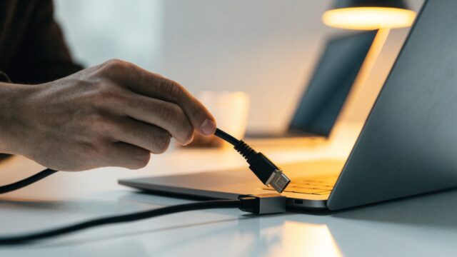 An ethernet cable being plugged into a USB-C adapter connected to a matte grey laptop on a white desk