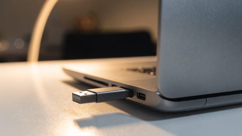 A USB flash drive plugged into the side port of a matte grey laptop on a white desk